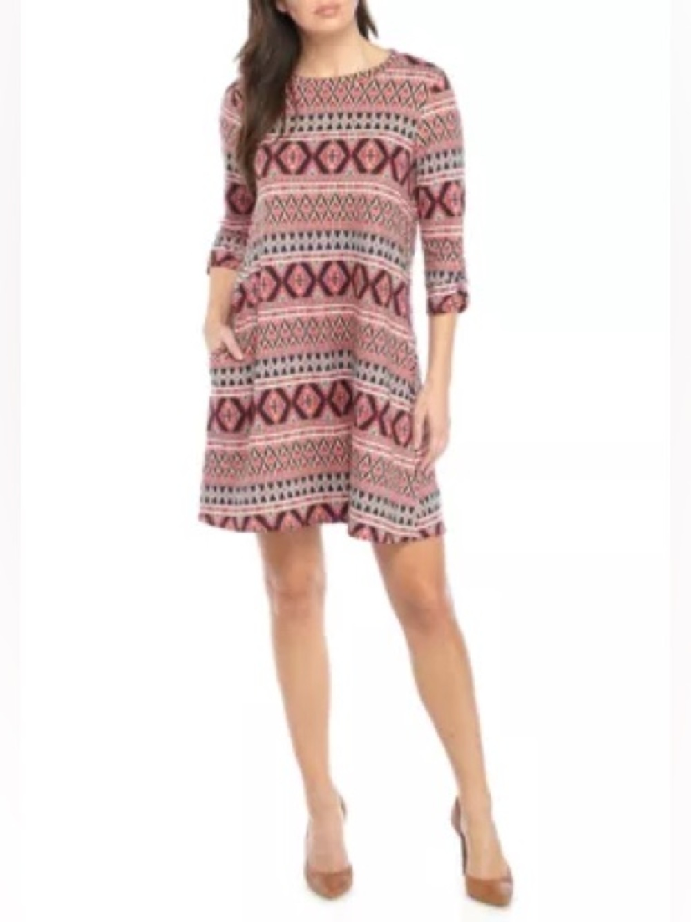 NWT AGB Pink and Black Geometric Long Sleeve A-Line Dress